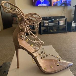 Nude Clear Lace Up Studded Heels.